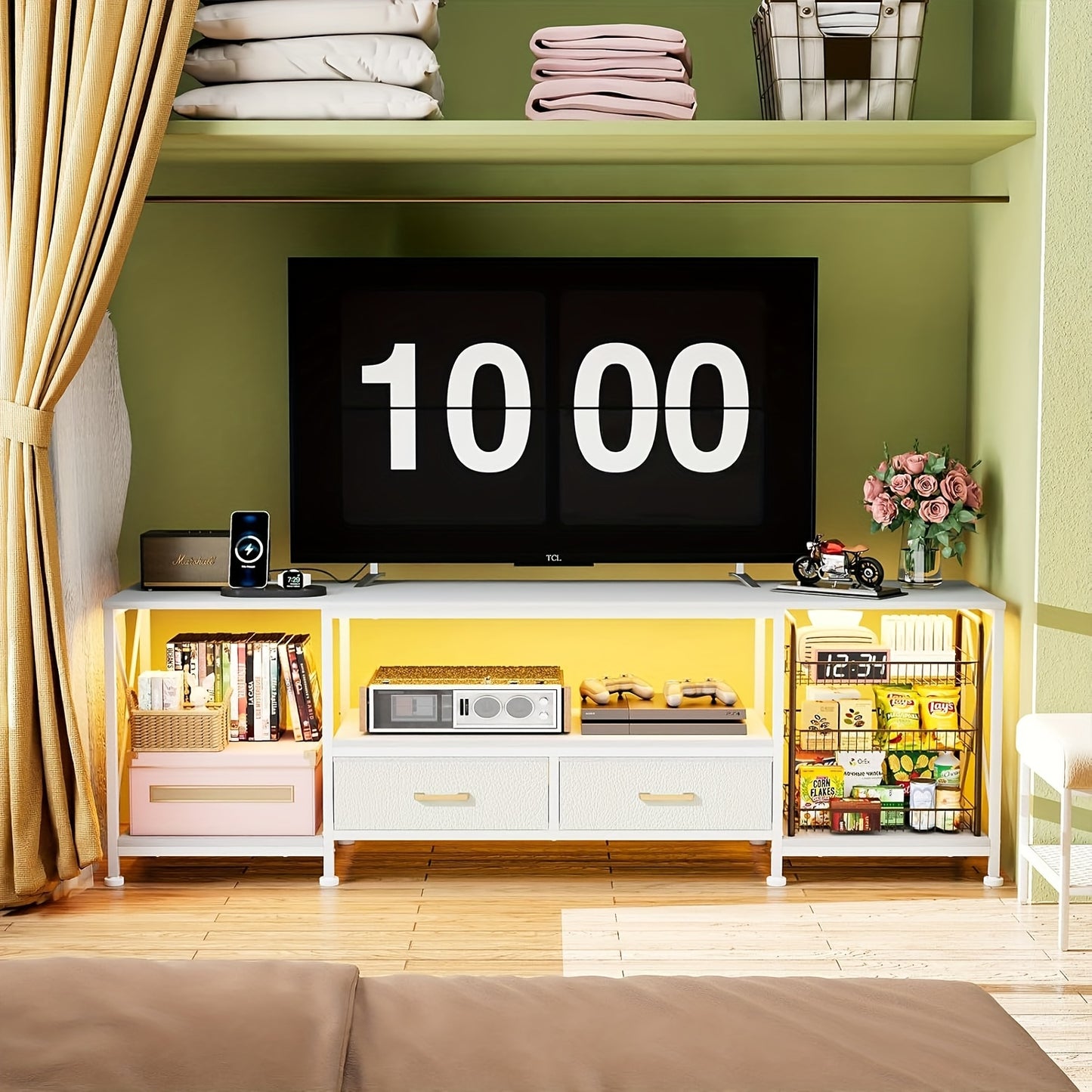 TV-Meubel voor 70-Inch TV – Met Lades en Open Vakken – Witte TV-Kast 180x40x58 cm voor Woonkamer of Slaapkamer