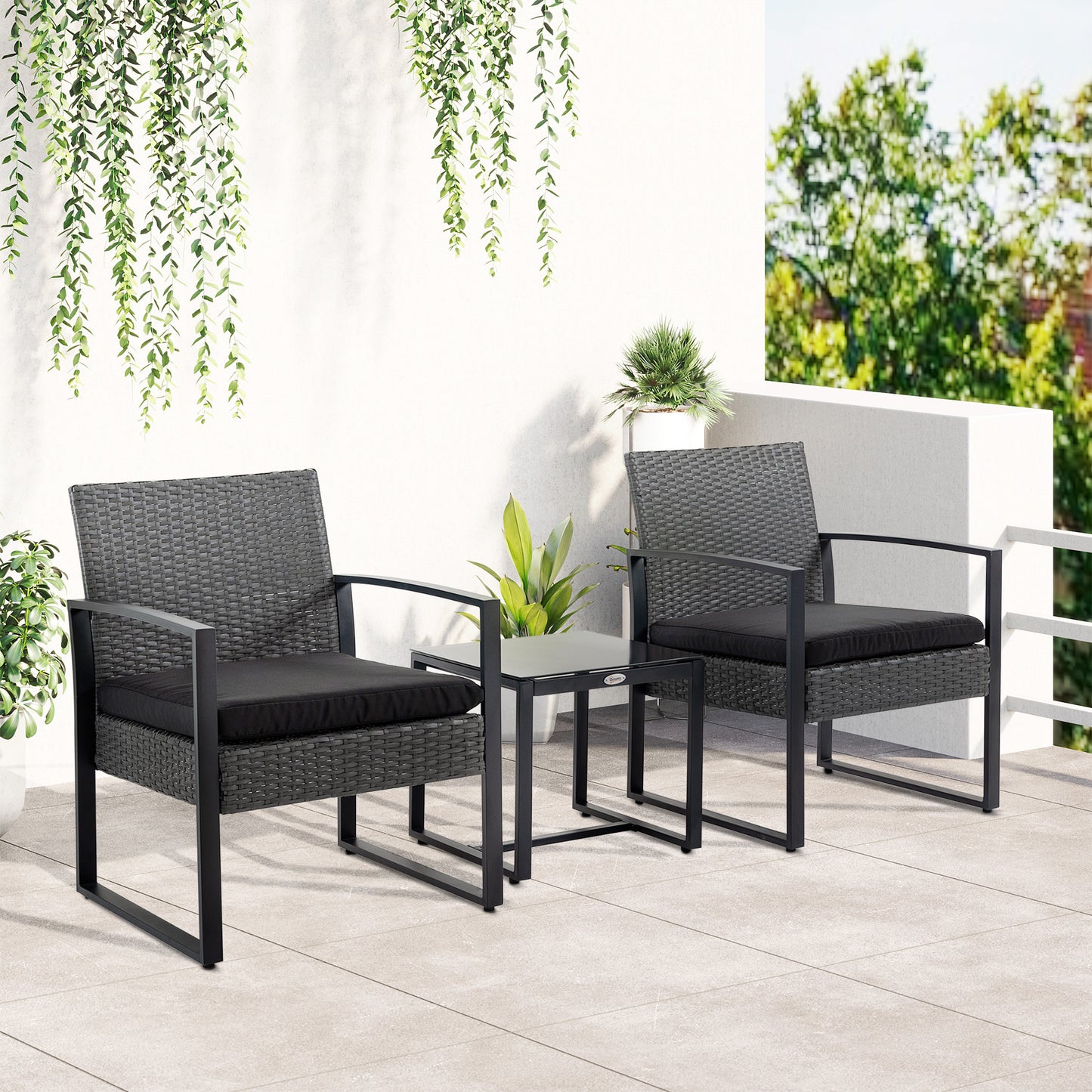 Tuinmeubelset 2 Persoons – Buitenmeubilair – Balkonset – Tuinset Compact – Loungeset Zwart – Comfortabele Zitkussens – Weerbestendig Metalen Frame