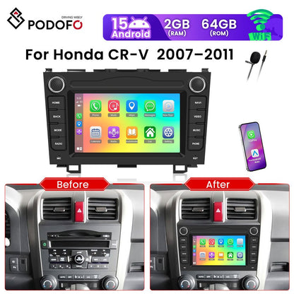 PODOFO 7-Inch Android Car System for Honda CR-V 2007-2011, Wireless CarPlay/Android Auto, AI DSP/GPS/WiFi/B/T5.0/FM/Mirror Link + Mic, Without Battery