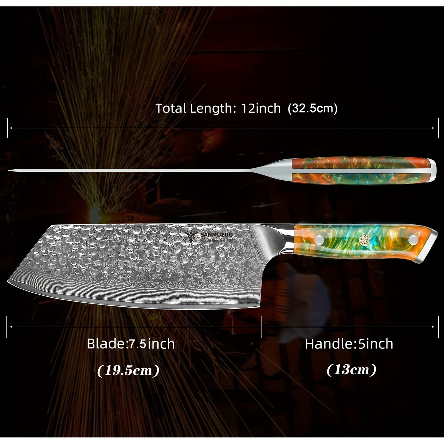 A Knife for Cutting Vegetables in The Kitchen, Made of Hammered Damascus Steel with a Resin Handle, from The YAO Series, Measuring 19.05 cm.