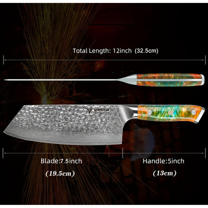 A Knife for Cutting Vegetables in The Kitchen, Made of Hammered Damascus Steel with a Resin Handle, from The YAO Series, Measuring 19.05 cm.