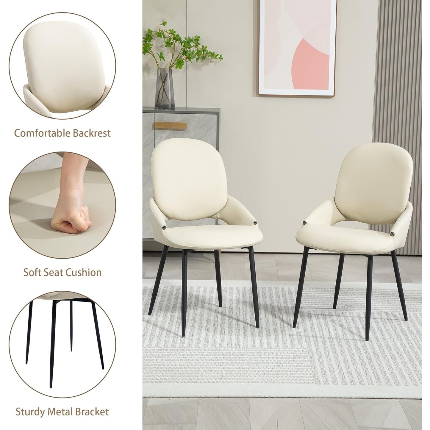 Bureaustoel – Bezoekersstoel – Kantoorstoel – Eetkamerstoel – Recepiestoel – PU-leer Bekleding – Metalen Poten – Verwijderbare Rugleuning – Beige – Set van 2