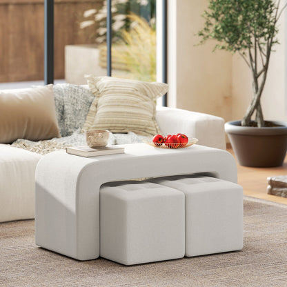 Poef – Ottoman – Voetenbank – Zitzak – Opbergpoef – 3-delig – Button Tufted – Crème – 89x42,5x45 cm