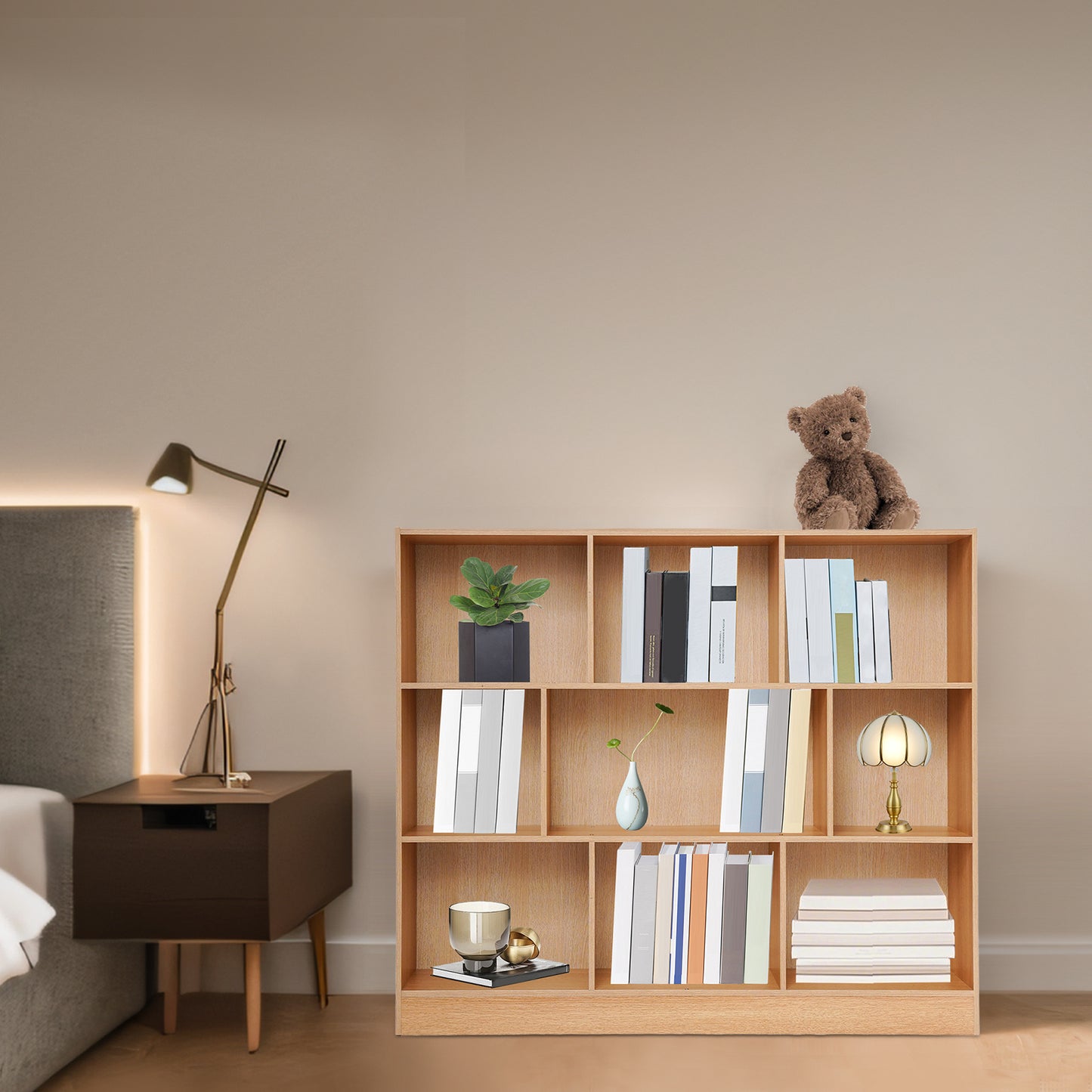 Boekenkast – Boekplank – Open Kast – Stelling – Opbergkast – Modern Eiken – 9 Vakjes – 120 cm Breed – Stevig Houten Ontwerp