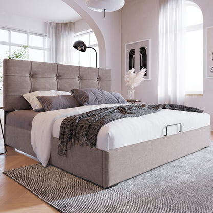 Bedframe Queen – Gestoffeerd Bed – Platformbed – Tweepersoonsbed – Slaapkamermeubilair – 140x190 cm – Fluwelen Bekleding – Button-Tufted Hoofdbord