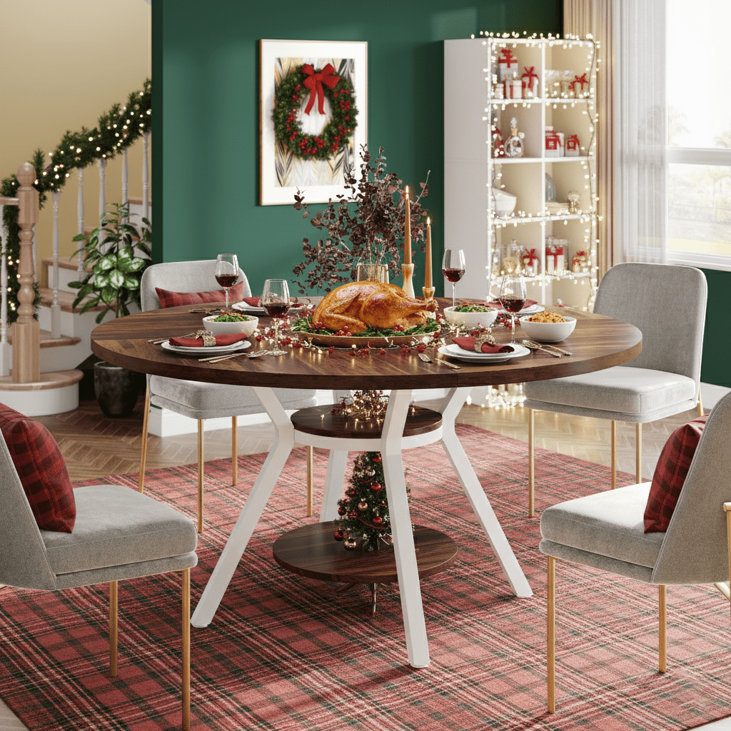 Ronde Eettafel – Eetkamertafel – Keukentafel – Tafel – Ontbijttafel – Modern Design – 119 cm Diameter – Wit Met Gouden Accenten – Gefineerd Hout – Metalen Centrale Poot – Ruimtebesparend – Eenvoudig Zelf Te Monteren