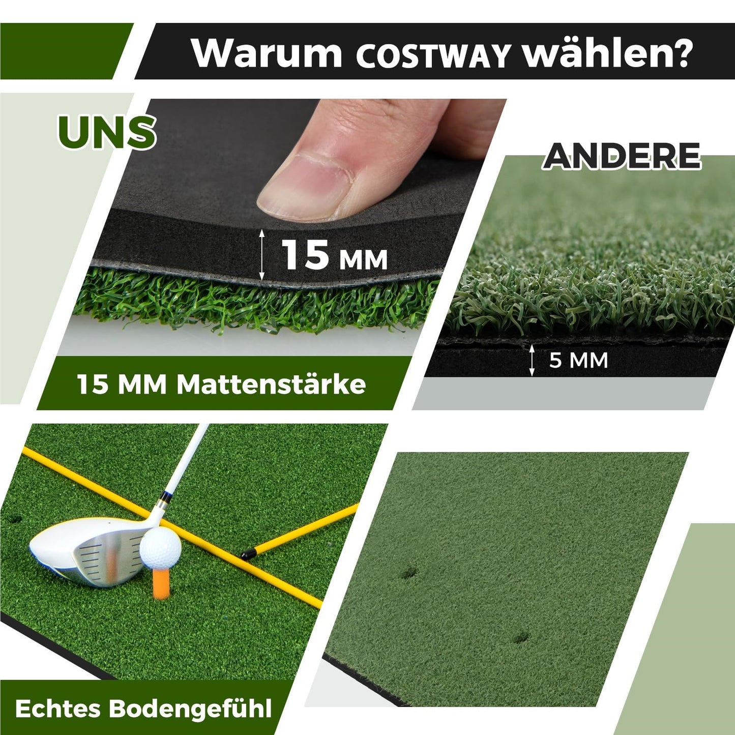 Golfmat – Golf oefenmat – Putting mat – Trainingsmat – Teemat – 6 tee-plaatsen – Inclusief 2 alignment sticks – Realistisch kunstgras – Duurzame EVA constructie – Groen – 152x117 cm