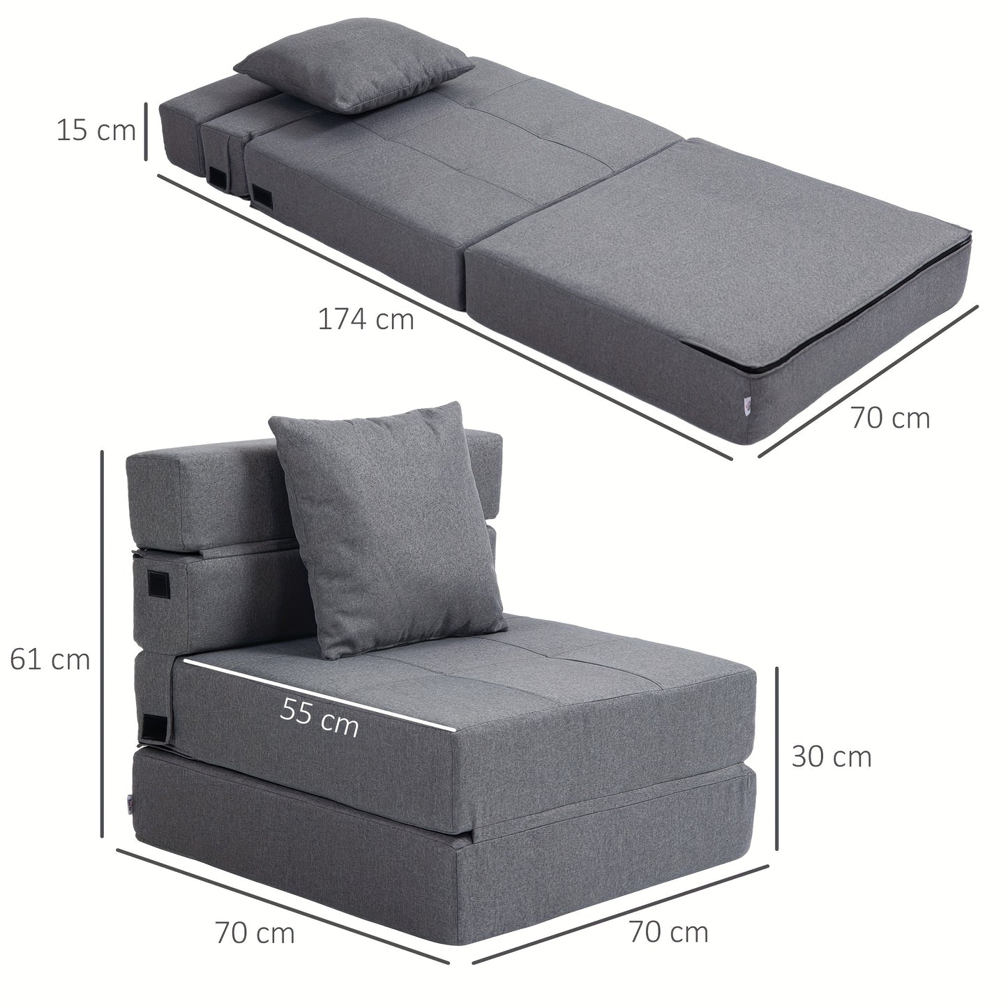 Slaapstoel – Slaapbank – Zetelbed – Logeerbed – Slaapfauteuil – Inklapbaar – Belastbaar Tot 100 kg – Donkergrijs
