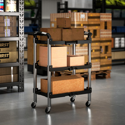 Gereedschapswagen – Werkplaatswagen – Trolley – Gereedschapstrolley – Opvouwbare kar – 3 Lagen Opbergruimte – Duurzaam Kunststof en Staal – Zwart