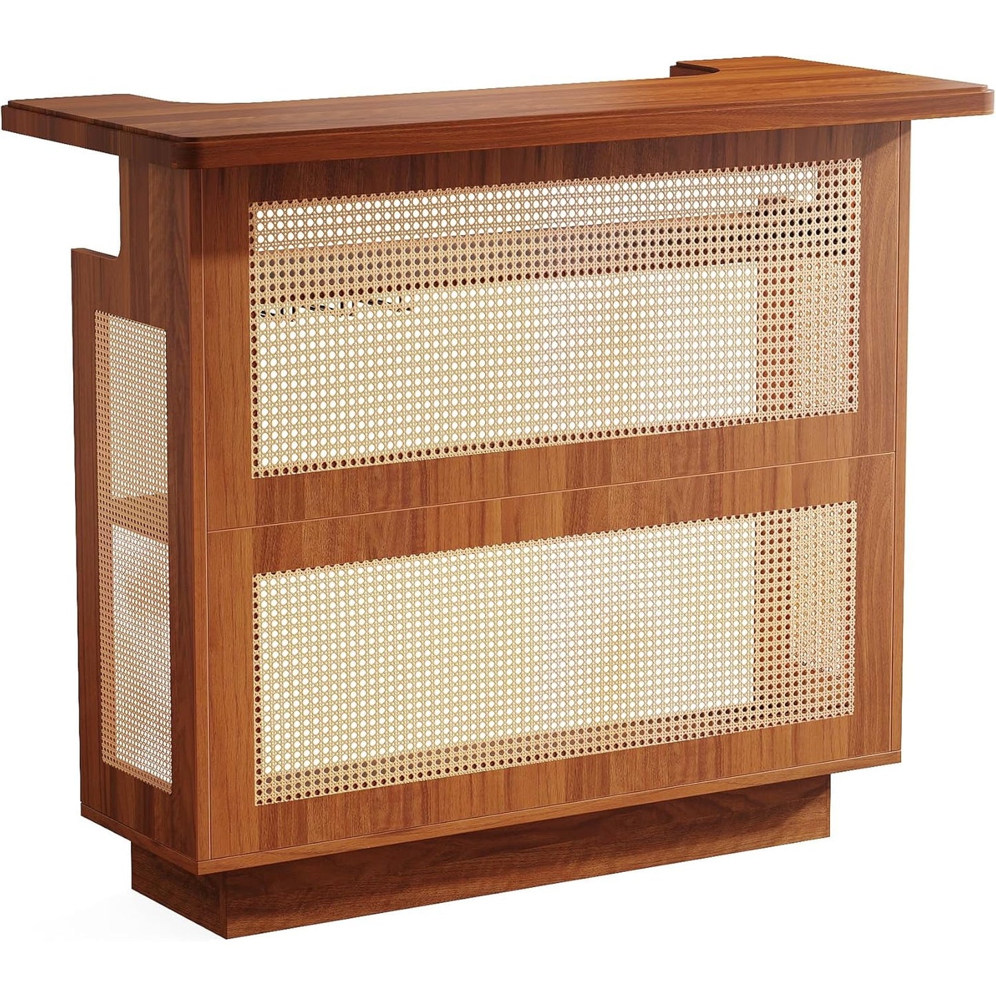 4-Traps Rattan Bartafel – Barkast – Serveerwagen – Drinktafel – Barplank – 4 Bekerhouders – Verhoogde Basis 13 cm – E1 Deeltjesplaat Caramelbruin