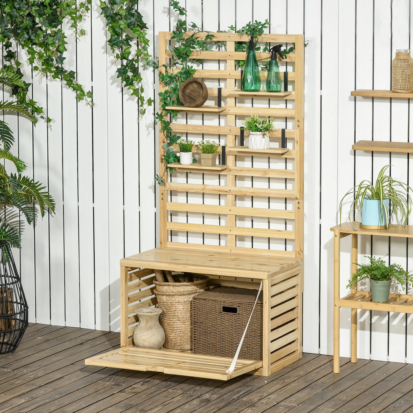 Tuinkist – Tuinopbergbox – Kussenbox – Opbergbox – Tuinberging – Houten Opbergbox – Weerbestendig – Inclusief Klimrek en Verstelbare Planken – 80x45x160 cm – Massief Dennenhout
