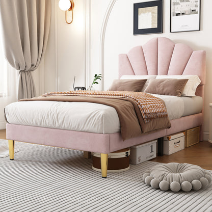 Eenpersoonsbed – Eenpersoonsbedden – Kinderbed – Opbergbed – Slaapbank – Gestoffeerd Roze Fluweel – Verstelbaar Schelpvormig Hoofdbord – Lattenbodem Hout 90x200 cm