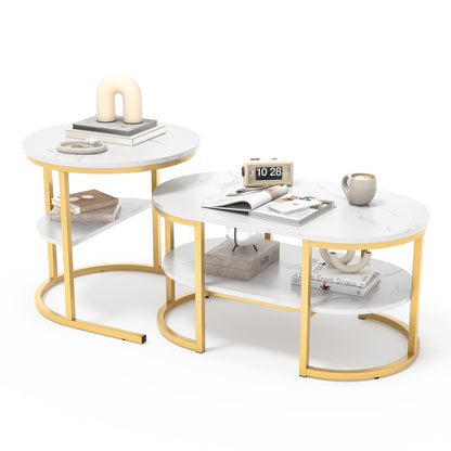 Salontafel – Koffietafel – Bijzettafel – Woonkamertafel – Tafel – Set van 2 – Ronde en Ovalen Vorm – Met Metaal Frame en Opbergruimte – Afmetingen 80x46x41 cm & 52x52x51 cm