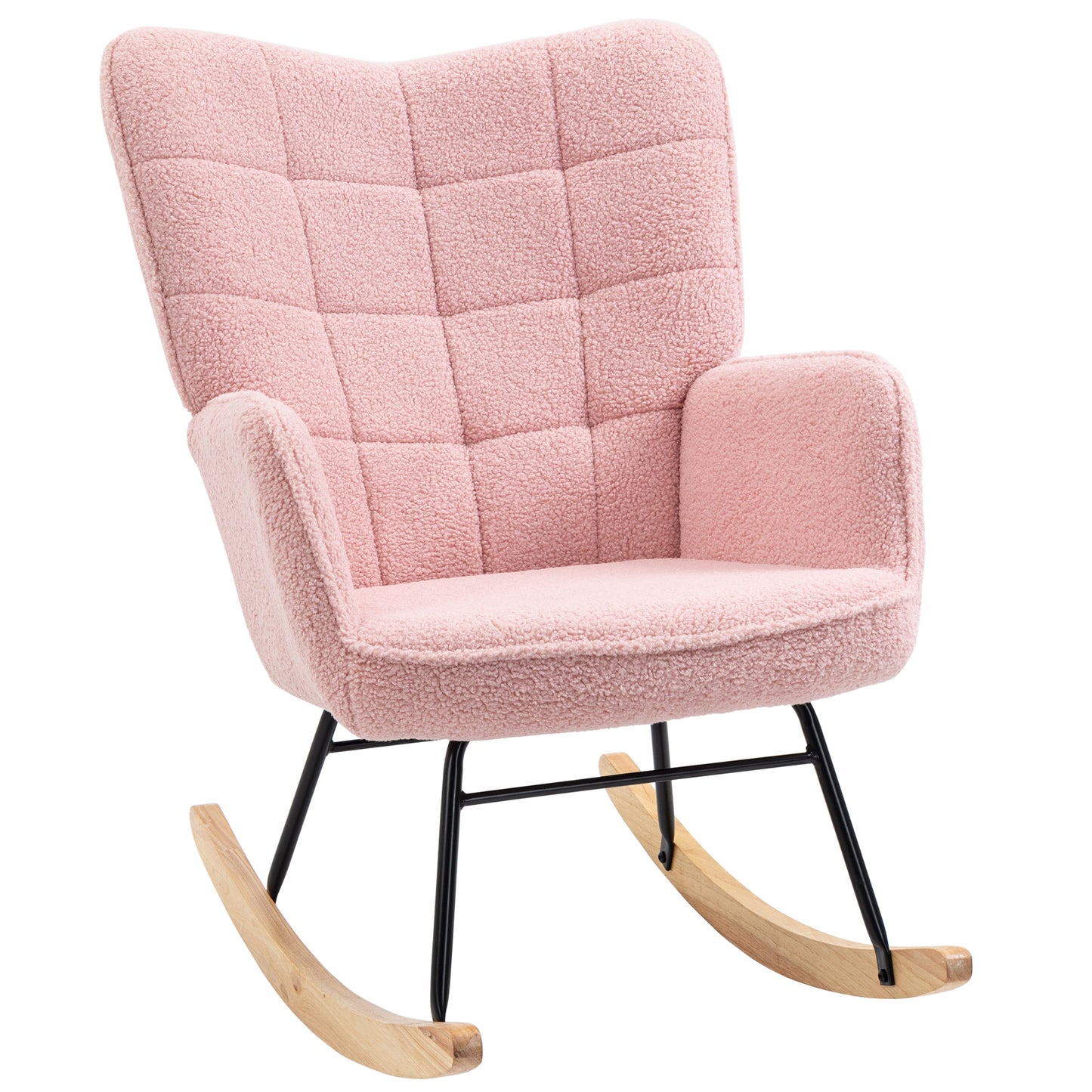 Schommelstoel – Relaxstoel – Rocking Chair – Armstoel – Retro Fauteuil – Massief Houten Frame – Zachte Roze Bekleding – 98x71x101 cm