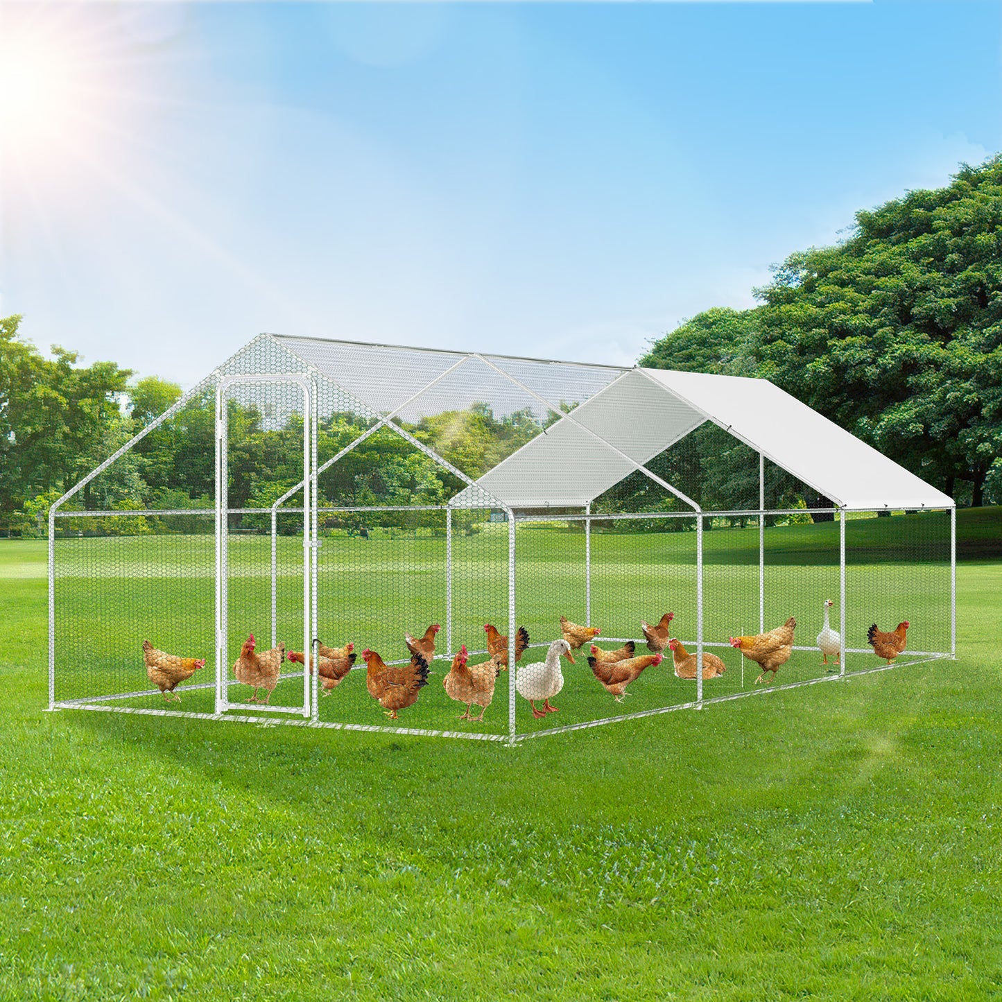 Buitenren Kippenren Konijnenren Dierenren Hokken – 300x600x200 cm – Gegalvaniseerd Stalen Frame – Weerbestendig Met PE-Zonwering