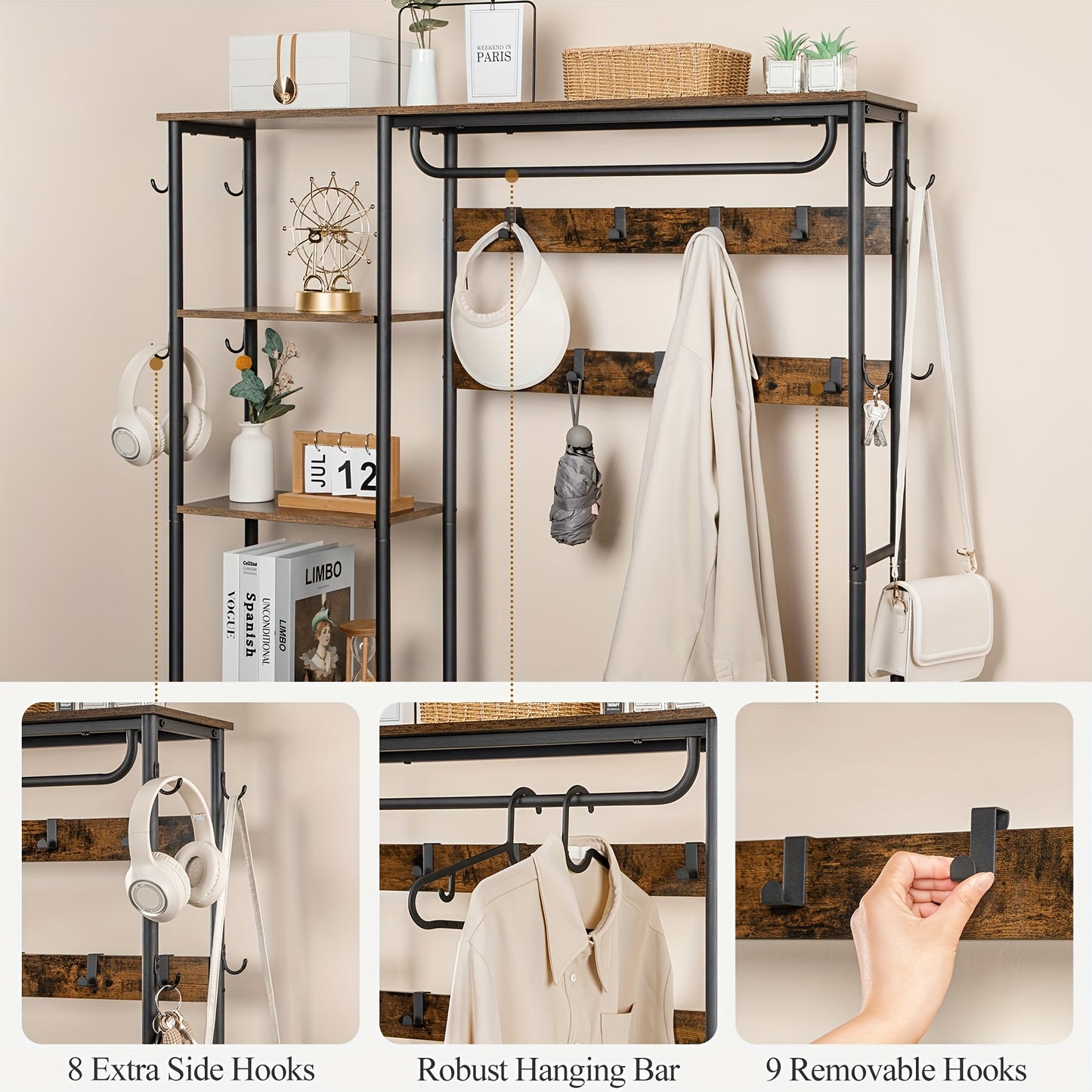 Kapstok – Schoenenrek – Garderobe – Kledinghanger – Schoenenbank – 5-in-1 Multifunctioneel – Stevig Metalen Frame – 182 cm Hoog