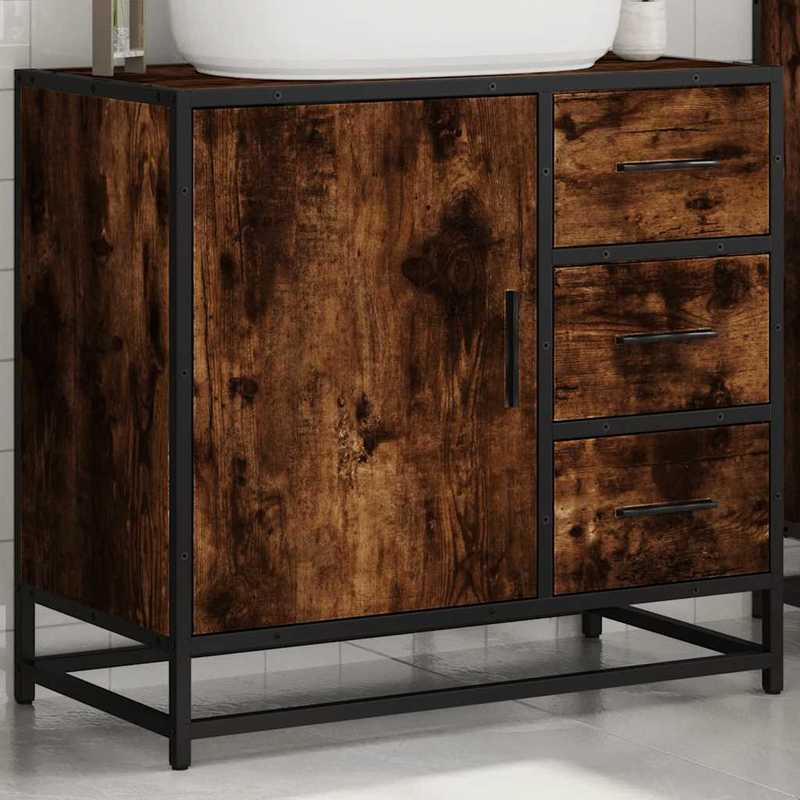 Badkamermeubel – Wastafelkast – Badkamerkast – Opbergmeubel – Toiletkast – Smoke Eiken – Compact 65x33x60 cm – Duurzaam Houtcomposiet Met Metalen Frame
