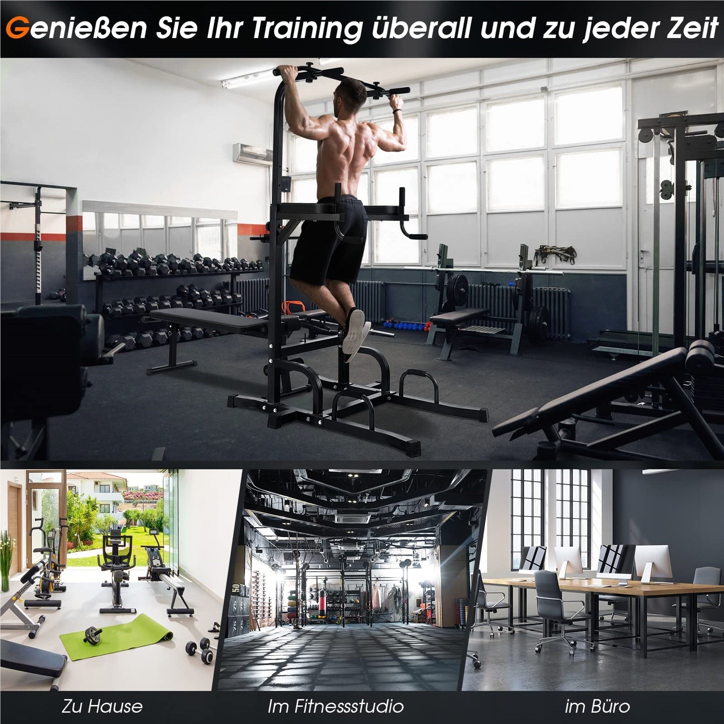 Freestanding Pull-Up Bar – Power Tower – Klimrek – Fitnessstation – Dipstation – Zwart – Belastbaar Tot 150 KG – Hoogte 7-voudig Verstelbaar