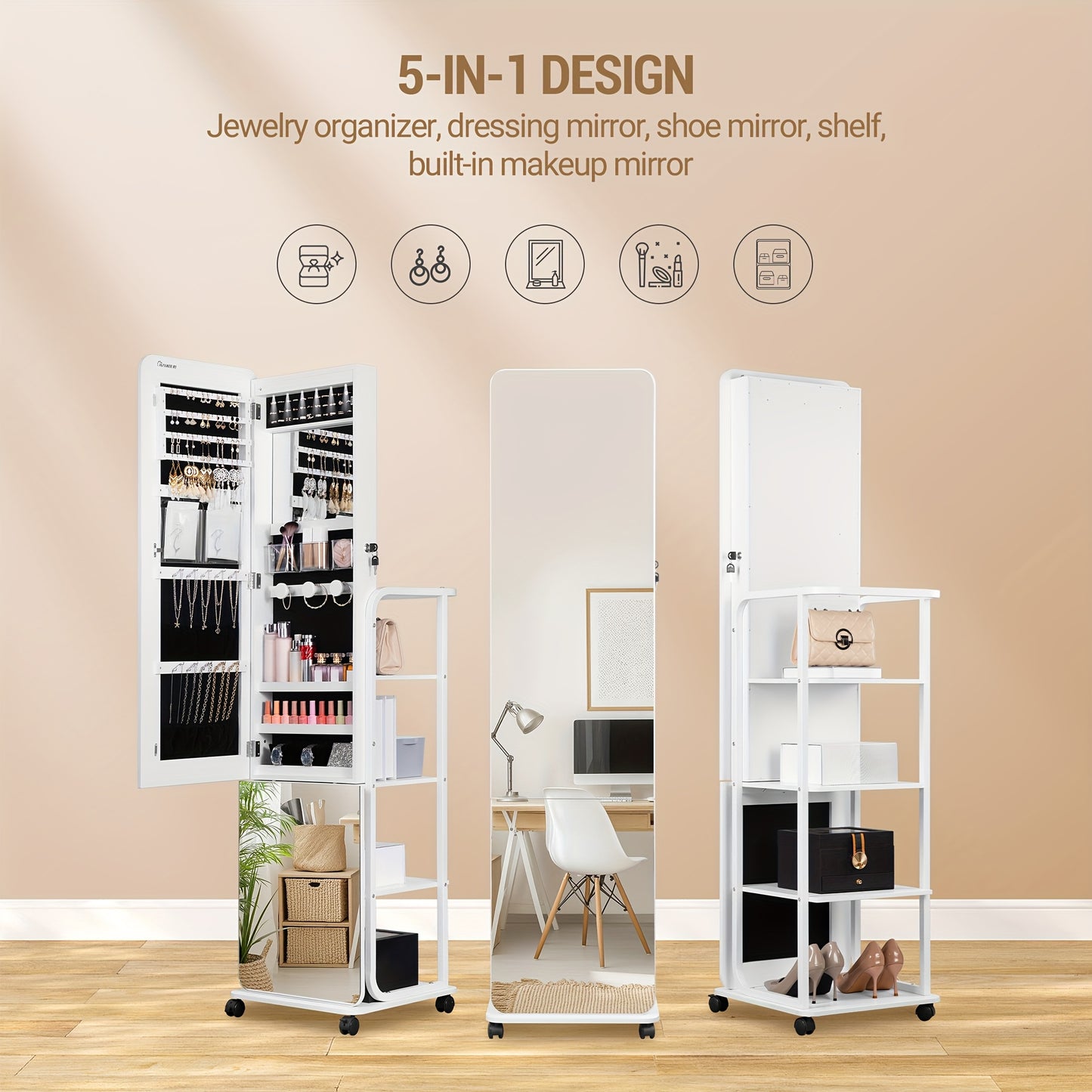Sieradencollectiekast – Sieradenkast – Spiegelkast – Juwelenkast – Hangkast – Extra brede spiegel – Veilig slot – 4-laags opbergruimte – Mobiel met 4 wielen – Wit MDF met fluwelen voering