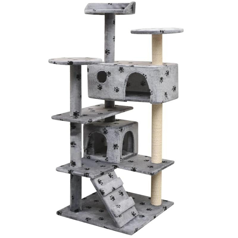 Gray Paw Print Cat Tree 125cm with Sisal Scratching Post Cat Scratcher Tower Stable Base Multi-level Cat Activity Center Indoor Living Room Balcony Pet Supplies, Cat Furniture, Pet Play Tower, Modern Cat Furniture, Stylish Pe