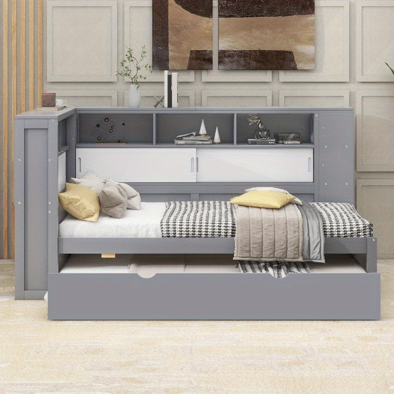 Daybed Grijs – Bedbank – Slaapbank – Logeerbed – Kinderbed – Met Uitschuifbaar Bed – Opbergruimte – 90x200 & 90x190 cm – Zonder Matras