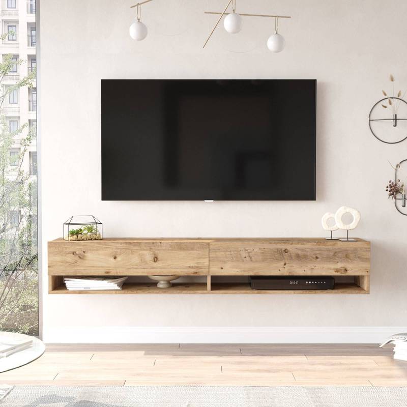tv meubel – tv kast – tv dressoir – tv tafel – media meubel – Zwevend Wandmeubel – Melamine Spaanplaat Rustiek Eiken Wit – 180 cm Breed – 2 Open Vakjes