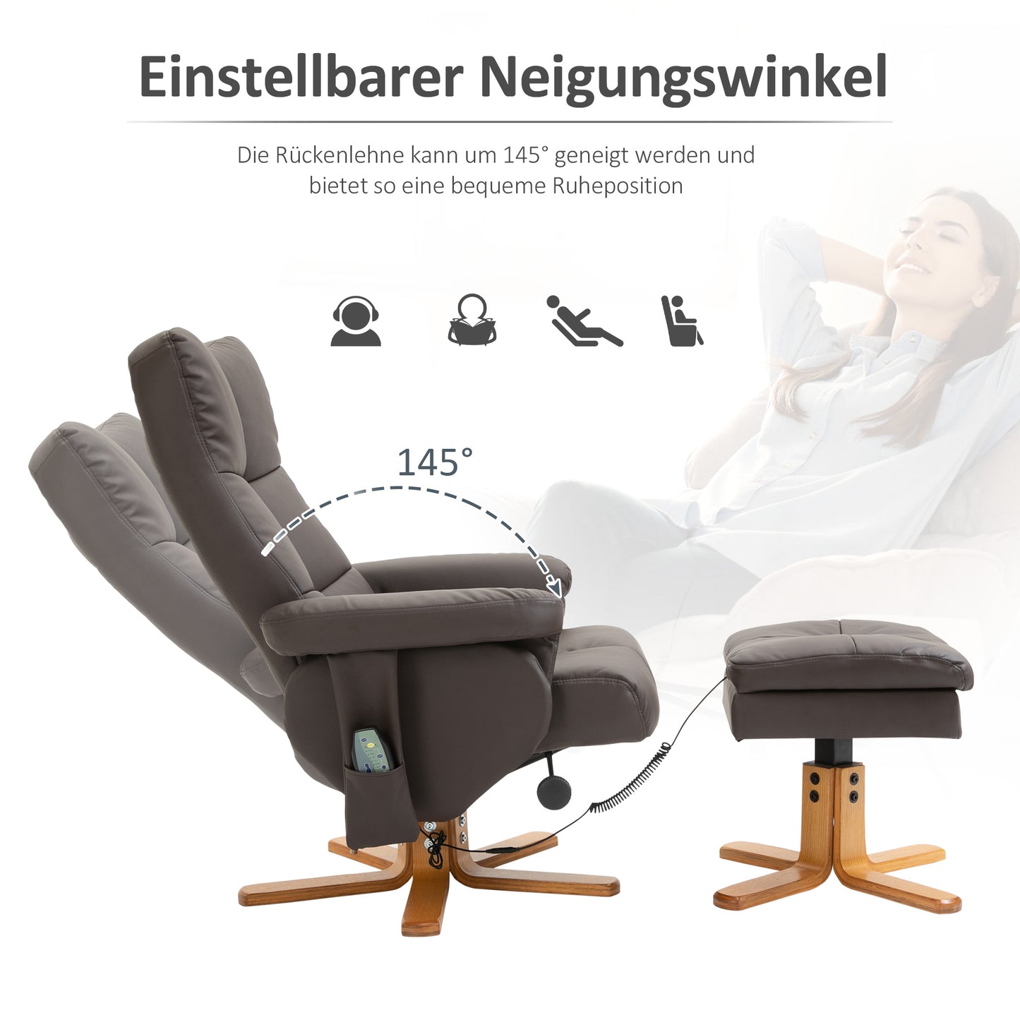 Relaxfauteuil – Relaxstoel – Ligstoel – Massagestoel – Tv-Fauteuil – Verstelbare Rugleuning 145° – 10 Vibratiepunten Zonder Elektriciteit – Bruin Kunstleer 80x86x99 cm