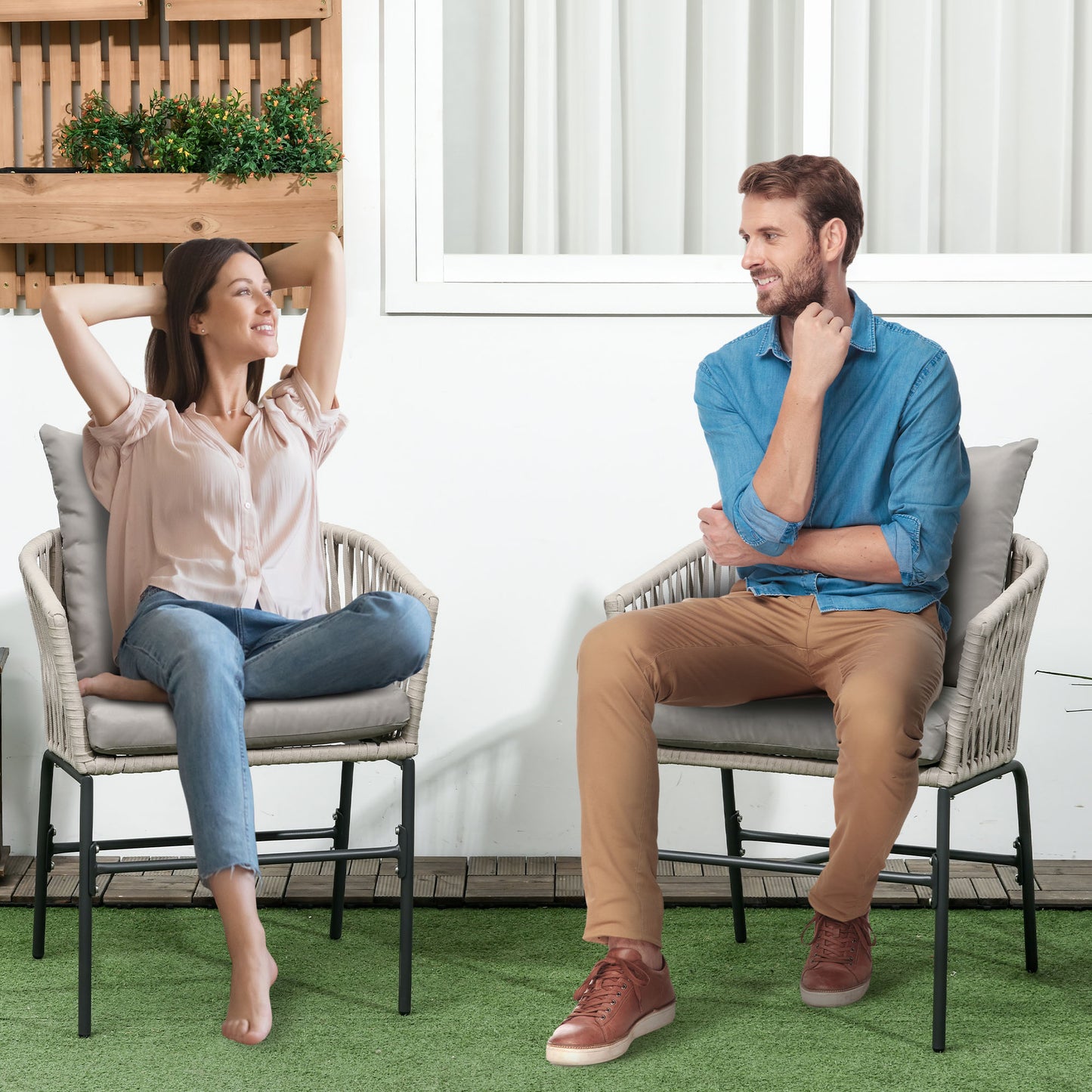 Terrasstoel Set – Tuinstoelen – Balkon Stoelen – Buiten Stoelen – Boho Tuinmeubilair – Comfortabele Zitschaal – Wasbare Kussenhoes – Stabiel Metalen Frame – Beige