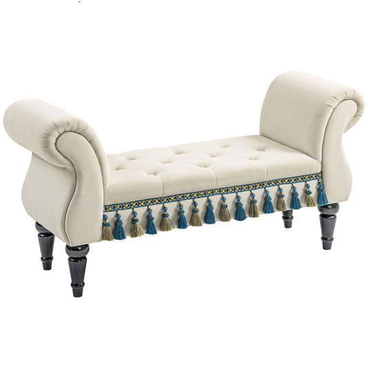 bankenkrukje – bijzetbankje – zitbankje – bankje – voetenbankje – gestoffeerd beige – vintage design velvet – stevige houten poten – 150 kg draagvermogen – 117x40x58 cm