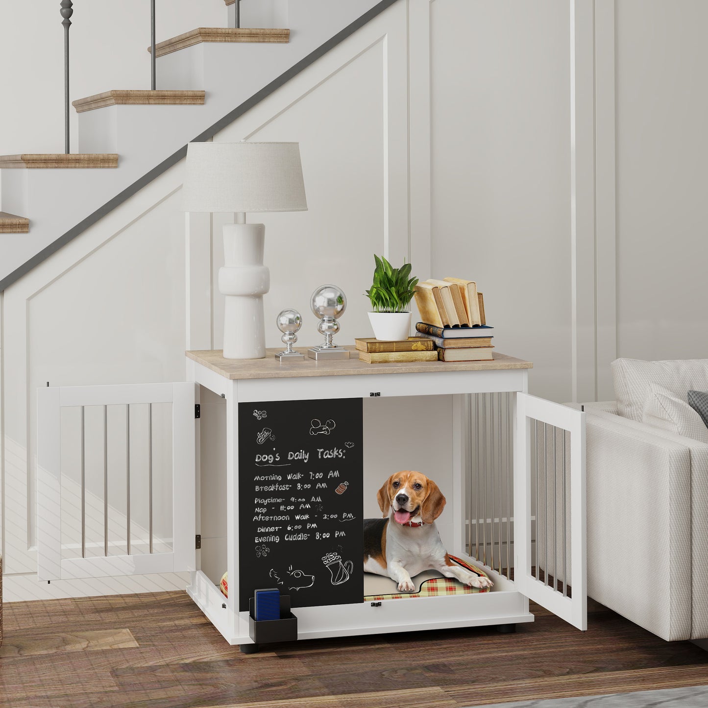 Hondenbench – Hondenkooi – Mand – Hondenhok – Binnenkennel – Middelgrote Hond – Drie Deuren – Multifunctionele Bijzettafel – Wit – 80x60x70 cm – Met Krijtbord