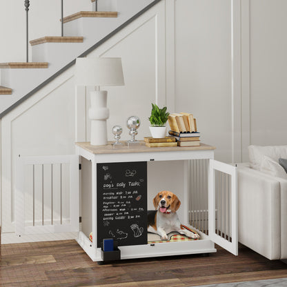 Hondenbench – Hondenkooi – Mand – Hondenhok – Binnenkennel – Middelgrote Hond – Drie Deuren – Multifunctionele Bijzettafel – Wit – 80x60x70 cm – Met Krijtbord