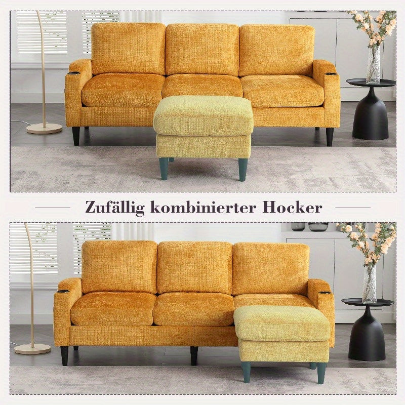 4-zits sofa – bank – zitbank – lounge bank – hoekbank – fluweelachtige bekleding – opberghocker met bekerhouders