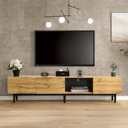 Tv Meubel – TV Kast – TV Dressoir – Media Meubel – Tv Stand – Modern Minimalistisch – Rotan Frame – 4 Deuren – Zwarte Metalen Poten – Eenvoudige Montage – Ruime Opbergruimte