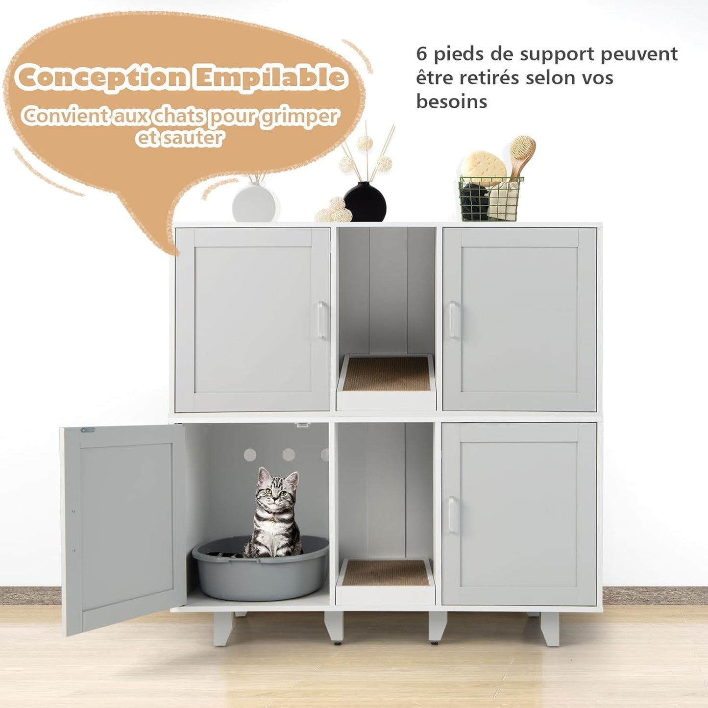 Kattenbakkast – Kattenbakmeubel – Kattenbakkast – Kattenbakopbergkast – Kattenbakverhoger – Witte kast met winding entry – Ingebouwd krabbord en afneembare houten poten