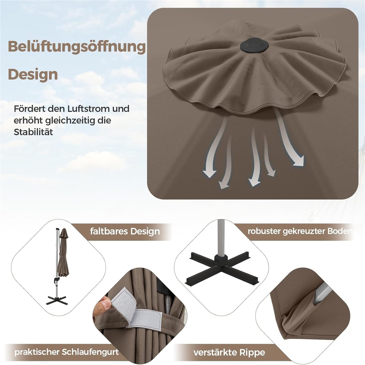 Zonnescherm – Parasol – Tuinparasol – Terrasparasol – Balkonparasol – Ø 330 cm – UPF 50+ – 360° Draaibaar met Kantelfunctie – Bruin