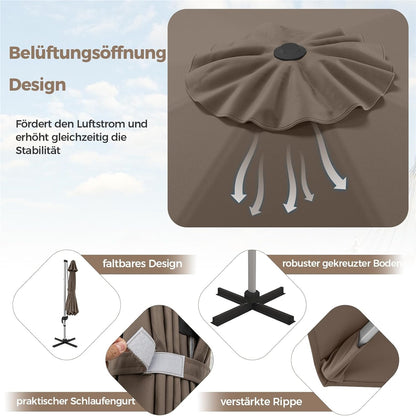 Zonnescherm – Parasol – Tuinparasol – Terrasparasol – Balkonparasol – Ø 330 cm – UPF 50+ – 360° Draaibaar met Kantelfunctie – Bruin