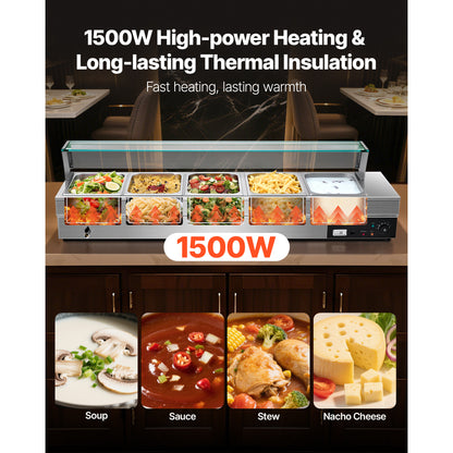 Voedselwarmer – Warmhoudplaat – Buffetwarmer – Bain-Marie – Chafing Dish – 5 Pannen 7,6L – Roestvrij Staal met Glazen Afdekking