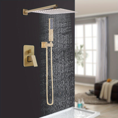 Inbouw Doucheset – Regendouche – Handdouche – Thermostaatkraan – Douchestel – 30cm Goudkleurig – Geborsteld Messing – Duale Stralen – Drukbalancerende Cartridge