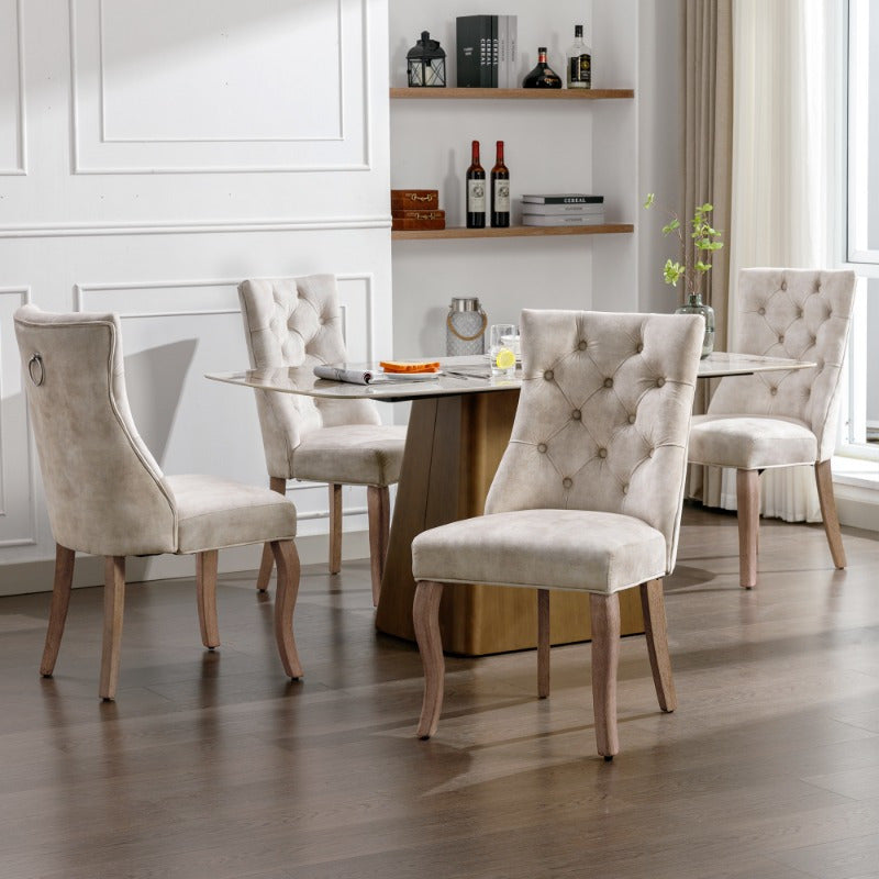 Eetkamerstoel – Stoel – Dinerenstoel – Zithoekstoel – Keukenstoel – Set Van 4 – Hoge Rugleuning – Fluwelen Beige Bekleding