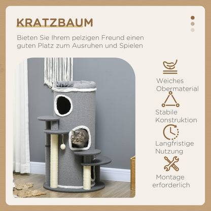 Kattenboom – Krabpaal – Krabmeubel – Kattenhuis – Kattenklimrek – Grijs-Wit – Compact 57x57x99 cm – Duurzaam PVC Met Zachte Bekleding