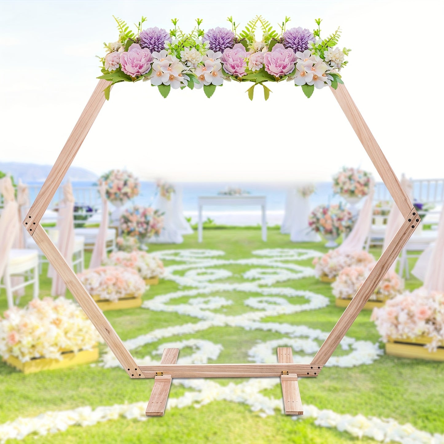 GDRASUYA10 Contemporary Hexagonal Wooden Stand for Weddings, Parties & Home Decor - Freestanding Rustic Photo Backdrop with Vibrant Floral Accents, Wooden Decor, Party Decoration, Elegant Design, Natural Texture