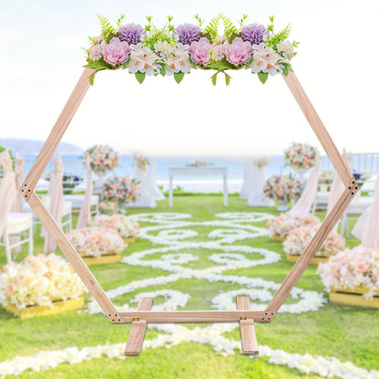GDRASUYA10 Contemporary Hexagonal Wooden Stand for Weddings, Parties & Home Decor - Freestanding Rustic Photo Backdrop with Vibrant Floral Accents, Wooden Decor, Party Decoration, Elegant Design, Natural Texture