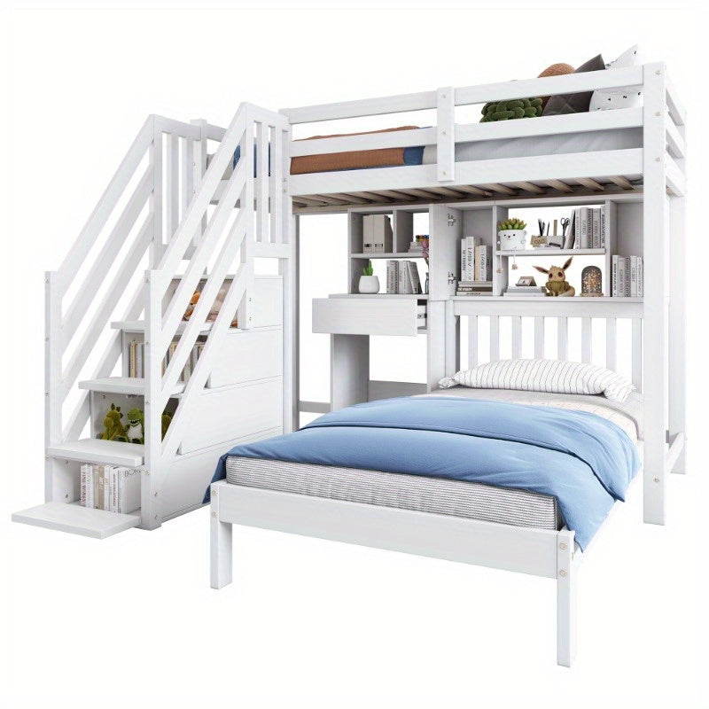 Stapelbed – Multifunctioneel Bed – Hoogslaper – Kinderbed – Tienerbed – Wit – Inclusief Bureau en Opbergruimte – 90x200 cm – Stevig Frame met Lattenbodem – Ruimtebesparend Design