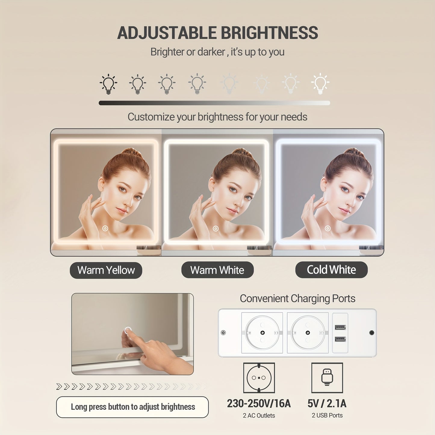 Jewelry Cabinet, Dressing Table With Adjustable LED Lights, Accessory Storage, Rechargeable AC Socket And USB Port, Vanity Makeup With Soft Dressing Stool, 2 Drawers, Open Organisers, For Bedroom, Cloakroom, White, Jewelry Bo - QUORE