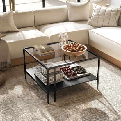 Salontafel – Woonkamertafel – Koffietafel – Tafel – Bijzettafel – Industrieel Design – Temperglas Blad 73x73x46,5 cm – Verstelbare Wieltjes