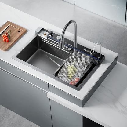 Black Nano Countertop 304 Stainless Steel Waterfall Single Bowl Sink Workstation, with Multifunctional Digital Display Feiyu Pull-out  (gunmetal Gray, 68x45x22cm)