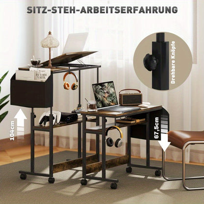 bureautafel – bureau – computertafel – werktafel – schrijftafel – verstelbare hoogte – stevig metalen frame – 92 x 40 cm – wieltjes – kantelplatform – opbergtas – rustiek bruin zwart
