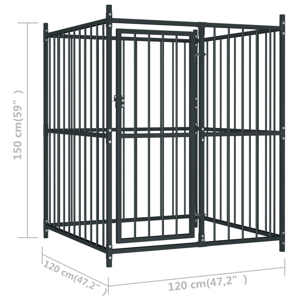 Buitenkennel Honden – Hondenren – Hondenhok – Hondenverblijf – Zwart – Stalen Frame – Weerbestendig Dak 120x120x150 cm