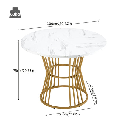 1pc Modern White & Golden Dining Table with Sturdy Metal Frame - Marble Tabletop Suitable, Breakfast Nook, Dining Room - Contemporary Minimalist,, No Assembly Required (Table Only)