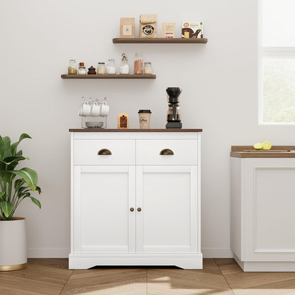 Dressoir – Keukenkast – Ladekast – Buffetkast – Opbergkast – Wit MDF – 80x40x90 cm – 2 Deuren en 2 Laden – Verstelbare Plank